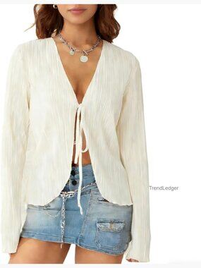 Long Sleeve Bell Sleeve Cardigan Tie Front Sheer Blouse Oversized Y2K